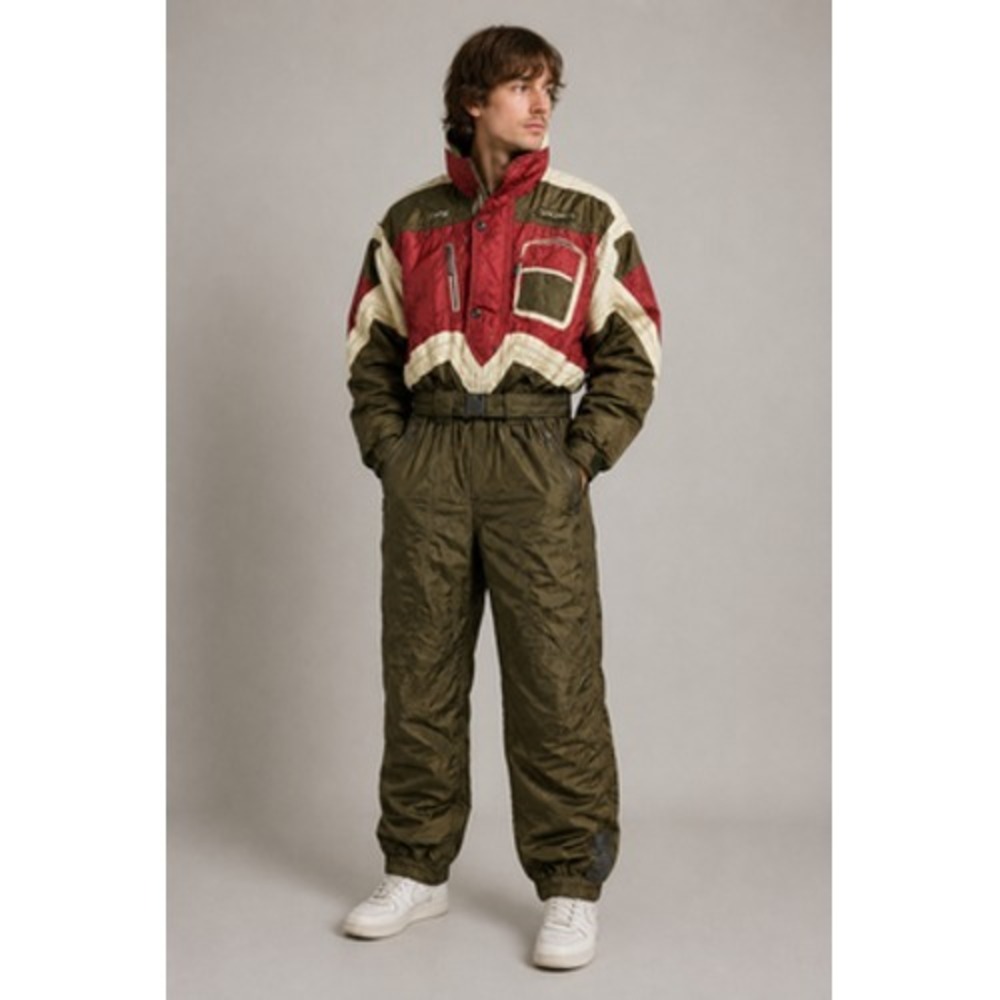 Vintage Descente Ski Suit Mens XL Brown Red Colorblock Hooded Snowsuit 80s